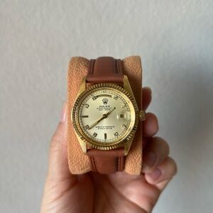 Rolex Gold Watch with Brown Leather Strap